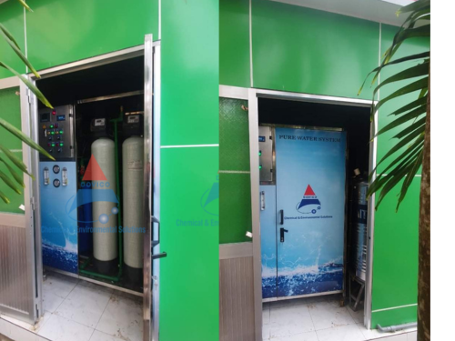 Hệ thống lọc nước RO công nghiệp lắp đặt tại nhà máy – điều khiển tự động, sử dụng màng RO và cột lọc đa tầng